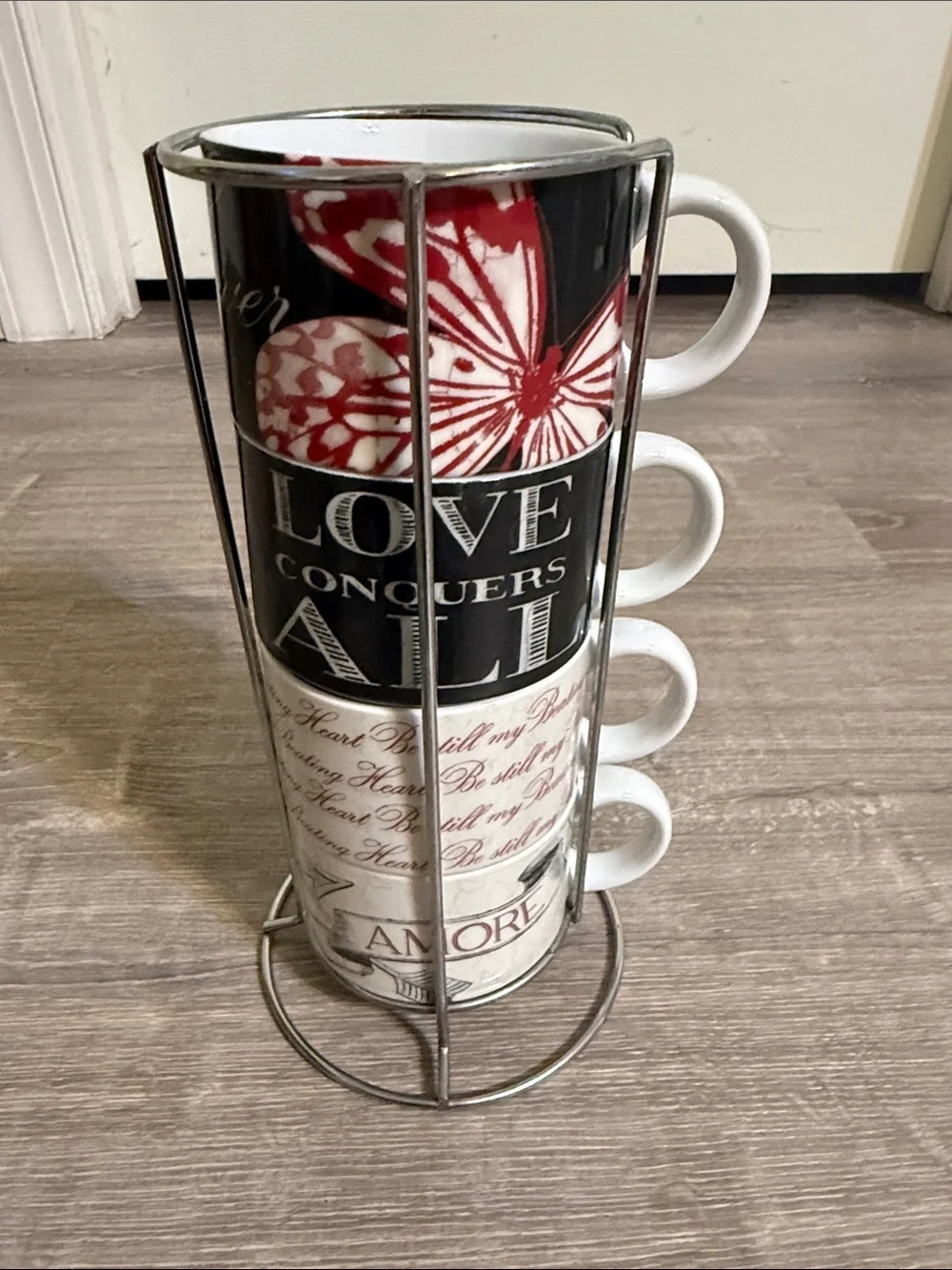 Pier 1 Imports Ceramic Stacking Mugs - Be Still My Beating Heart Rack Set of 4